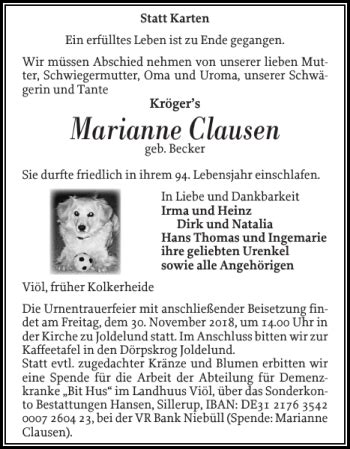 Traueranzeigen Von Marianne Clausen Sh Z Trauer