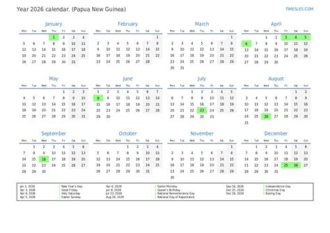 calendar    holidays  papua  guinea print