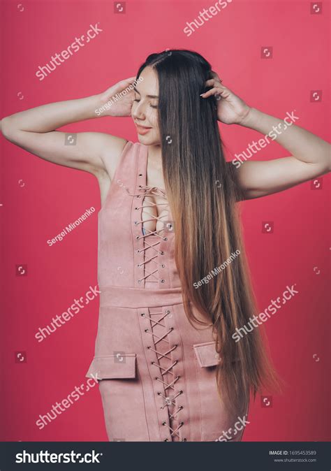 Brunette Sexy Girl Posing Pink Background Stock Photo 1695453589