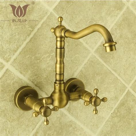 Free Shipping Classic Wall Mount Antique Brass Faucets Kitchen Tap Basin Faucets Hot And Cold