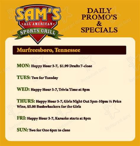 Menu At Sam S Sports Grill Murfreesboro Pub Bar Murfreesboro Old