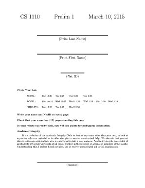 Fillable Online Cs Cornell CS 1110 Prelim 1 March 10 B2015b Cornell