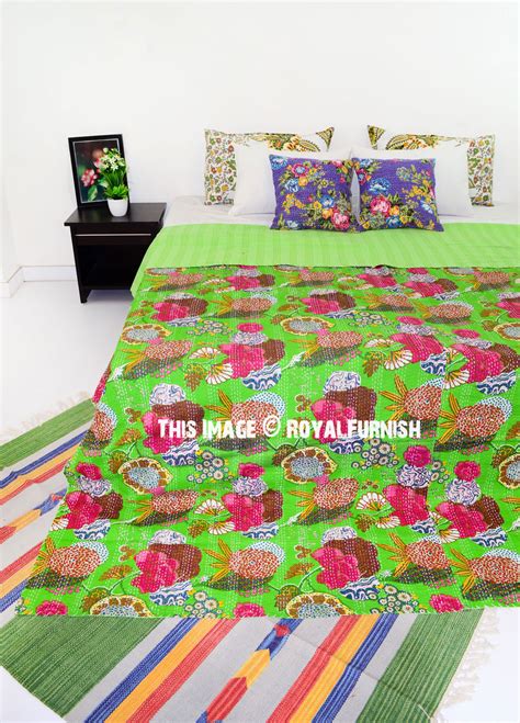 Green Multi Tropicana Fruit Flower Printed Cotton Kantha Bedspread