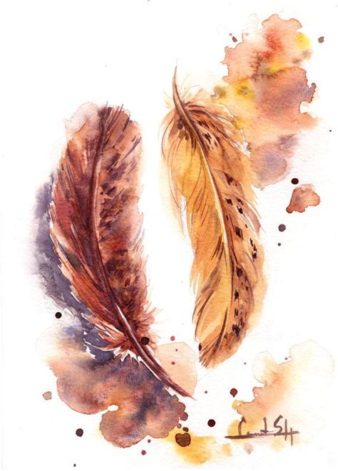 Original Watercolor Painting Golden Feathers Feathers Painting