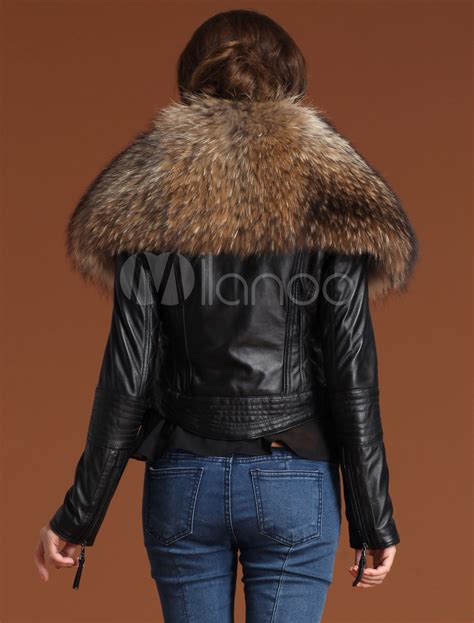 Noble Black Sheepskin Raccoon Fur Collar Womens Fur Jacket