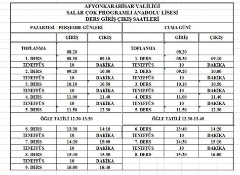 Ders Giri K Zaman Izelgesi Salar Ok Programl Anadolu Lisesi