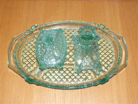 Vintage Art Deco Uranium Glass Trinket Dressing Table Set Tray Etsy