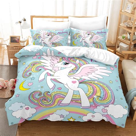 VAVIP Rainbow Unicorn Bedding Set 3D Sky Blue Cartoon Duvet Cover