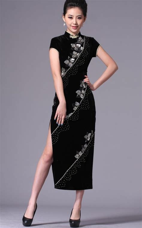 Hand Beaded Floral Silk Velvet Cheongsam Long Black Mandarin Collar