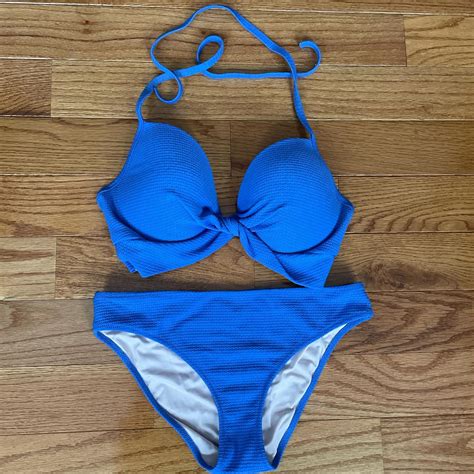 Blue Underwire Bikini Set Size D Bottoms Size Depop