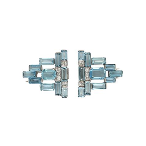 Art Deco Platinum Aquamarine And Diamond Double Clip Brooch Attos