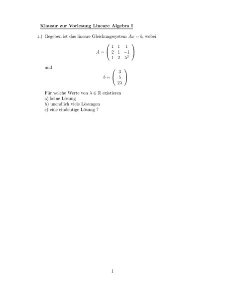 LA1 WS1011 Klausur 10 09 Lineare Algebra 1 Klausur Zur Vorlesung