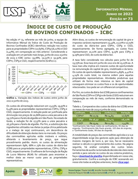 Pdf Informativo Mensal Do Ndice De Custo De Produ O De Bovinos