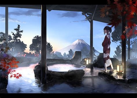 Hd Wallpaper Anime Girl Kimono Japanese Hot Spring Onsen Mountain