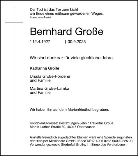 Traueranzeigen Von Bernhard Gro E Trauer In Nrw De