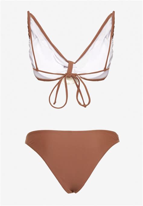 Brązowe Bikini z Wiązaną Górą Ozdobione Kwiatowymi Aplikacjami Rivashan Renee