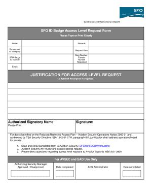 Fillable Online Justification For Access Level Request Sfo Connect