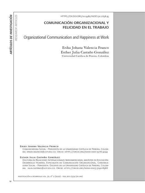 Artículo Comunicación Organizacional Y Felicidad En El Trabajo Pdf Felicidad Bienestar