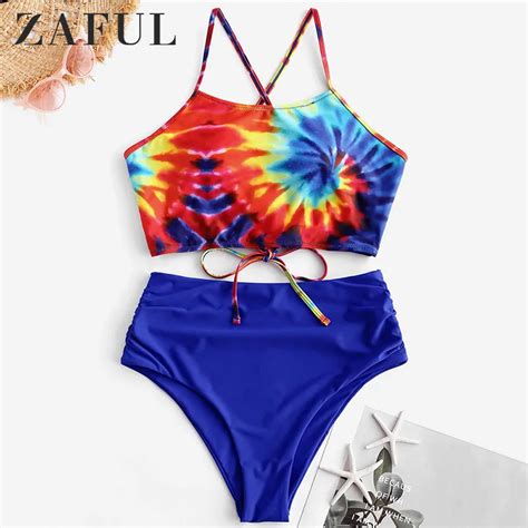 ZAFUL Bikini Ruched Crisscross Spiral Tie Dye Print Tankini Swimsuit