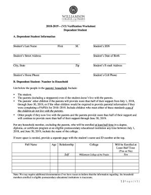 Fillable Online 2018 2019 V5 Verification Worksheet Dependent Student