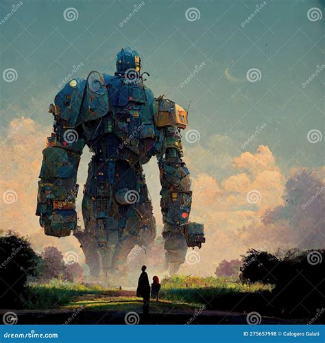 Big Giant Robot In Front Of Two Persons Giant Illustration Concept Art Ai Generated Image