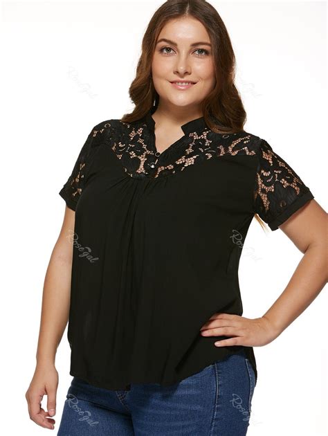 [25 Off] Stylish Plus Size Lace Panel Blouse Rosegal