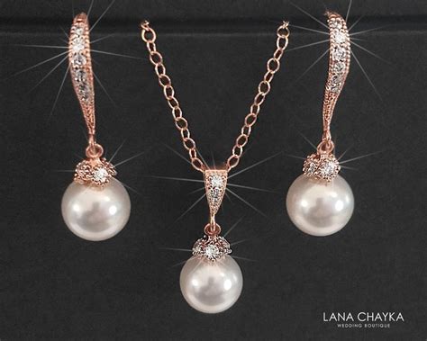 Rose Gold Bridal Jewelry Set White Pearl Necklaceandearrings Set