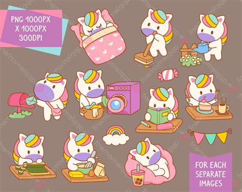 Cute Kawaii Printable Digital Stickers Clipart Rainbow Unicorn Daily