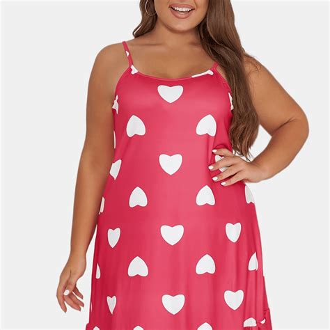 Plus Size Cute Heart Print Ruffle Hem Cami Nightdress Womens Plus