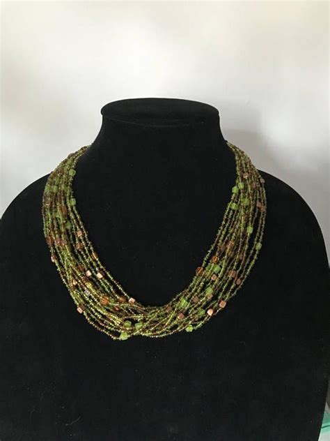 Vintage Glass Bead Multi Strand Necklace Green Beaded Green Beaded