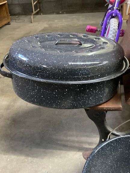 Roasting Pan Vintage Large Black White Speckled Enamelware Pot