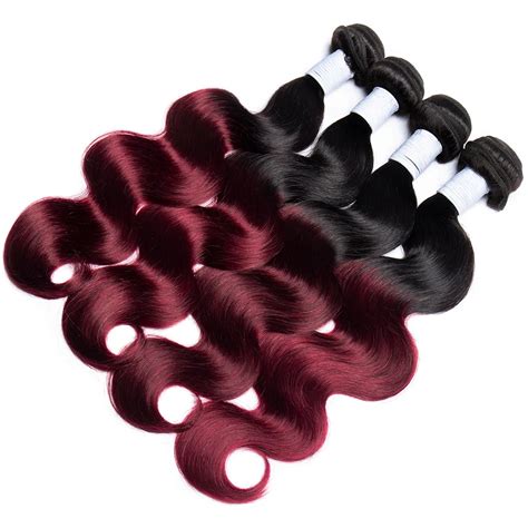 Alibele Ombre Brazilian Body Wave B J Wine Red Colored Remy Hair