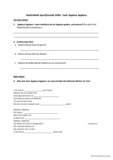 Sportfreunde Stiller Applaus Appla Deutsch Daf Arbeitsbl Tter Pdf Doc