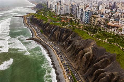 Aerial View Of The Miraflores Town Cliff And The Costa Verde High Way