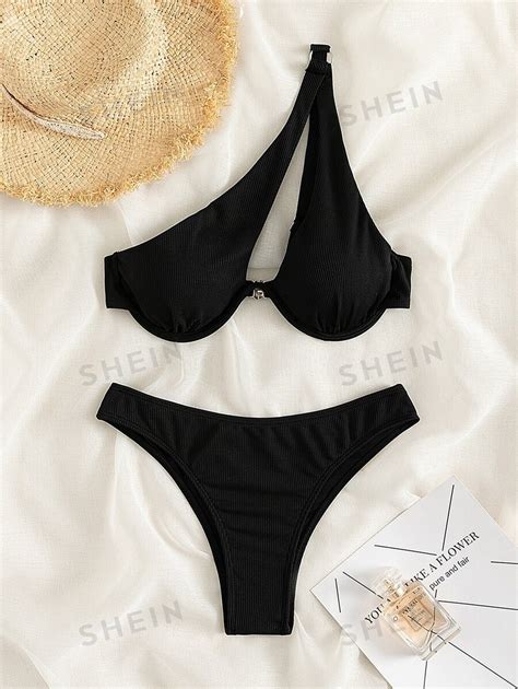 Shein Swim Basics Conjunto De Bikini Acanalado Sujetador Con Aros De Un