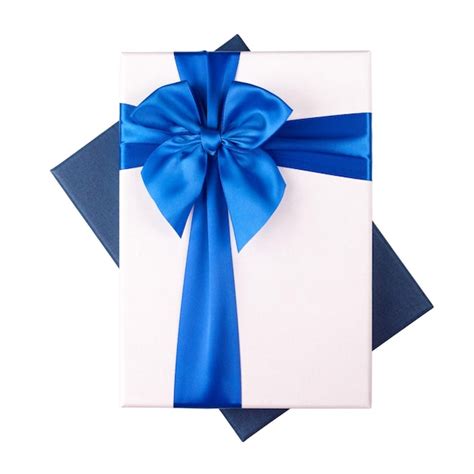 Premium Photo White Gift Box With Blue Ribbon Isolated On White