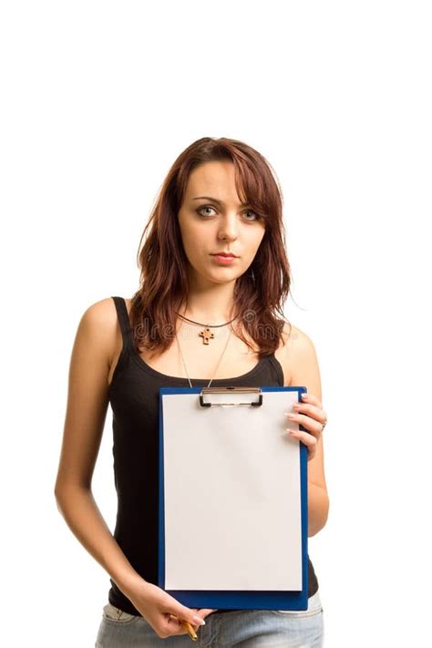 Brunette Woman Holding A Blank Clipboard Stock Image Image Of People