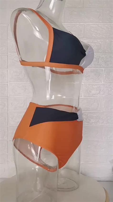 Orange Color Block High Waisted Adjustable Strap Women S Swimsuit Buy Women S Swimsuit Bikini