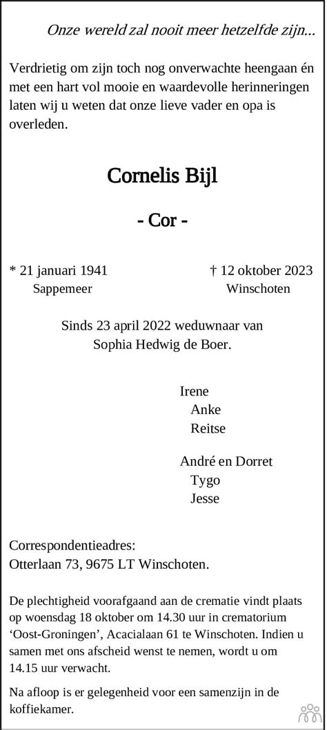 Cornelis Cor Bijl Overlijdensbericht En Condoleances