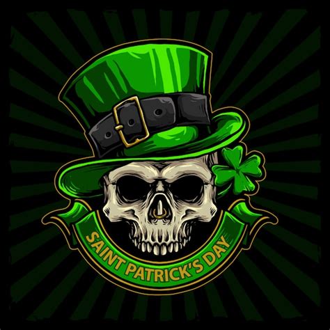 Premium Vector Skull With Green Hat And Four Leaf Clover For St