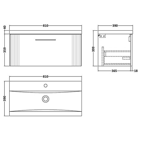 Nuie Deco 800mm 1 Drawer Wall Hung Vanity Unit Mid Edge Basin Satin