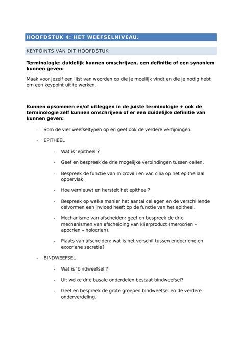 Af Key Points Het Weefselniveau Hoofdstuk Het