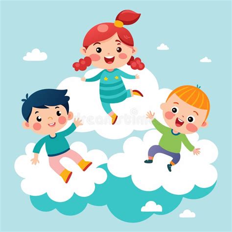 Three Happy Children Sitting on Clouds, a Girl on Top of a Cloud, a Boy ...