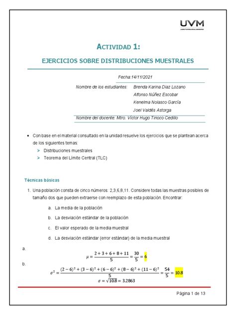 Ctividad Ejercicios Sobre Distribuciones Muestrales Pdf Muestreo Estadísticas Media