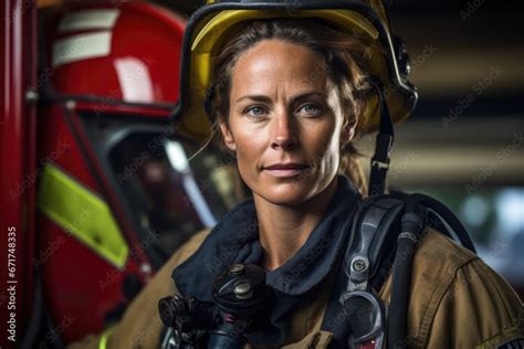 A female firefighter in her firefighting uniform, wearing a helmet and ...