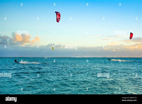 Le Morne, Mauritius - 30 September 2017: Kitesurfers on the Le Morne beach - famous kite spot in ...