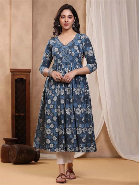 Buy Indigo Dabu Hand Block Printed Cotton Mulmul Kurta Bai K 38