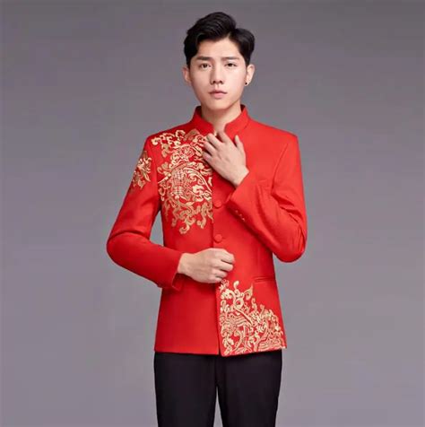 Red Embroidery Clothing For Men Groom Suit Stand Collar Chinese Tunic