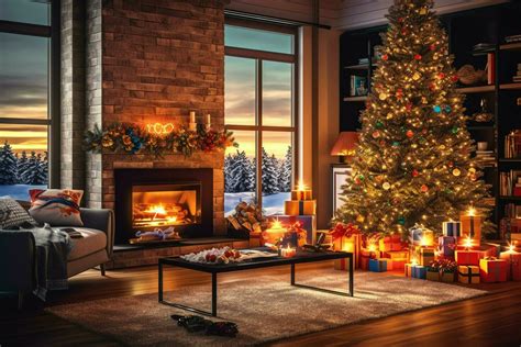 Cosy Living Room With Fireplace And Beautiful Christmas Tree In Classic