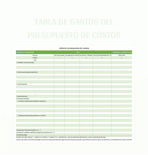 Plantilla De Formato Excel Tabla De Gastos Del Presupuesto De Costos Y